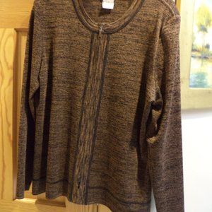 Misook Zip Front Top  ~ Chestnut Brown with Black Heathered Design ~ Size: Large